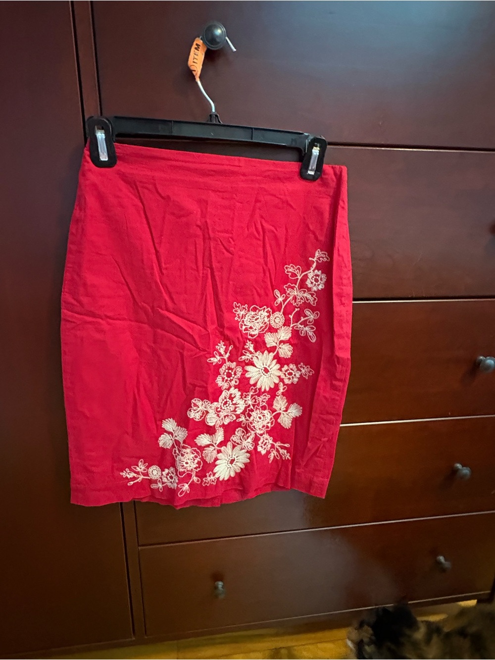 Talbots Red Pencil Skirt with White Floral Embroidery